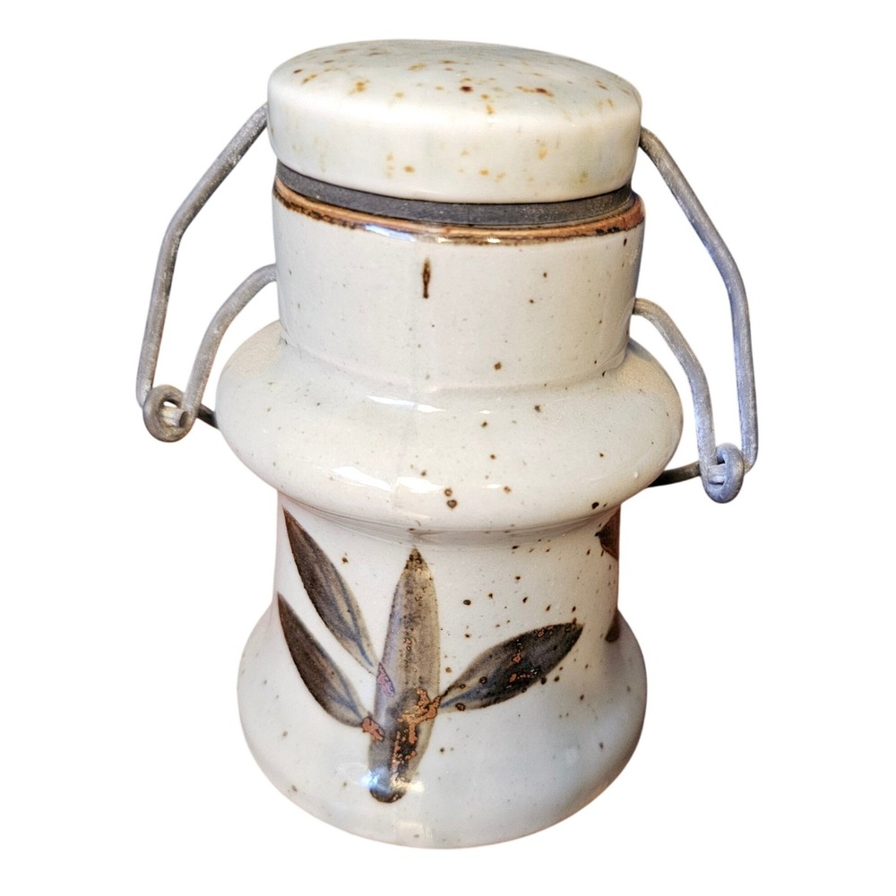 Vintage Studio Pottery Bamboo Leaf Stoneware Canister Wire Bail Spice Jar